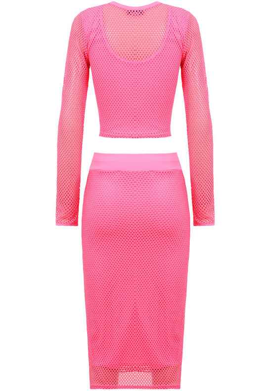 Fuchsia Mesh Detail Celebrity Style Crochet Top &amp; Skirt Set