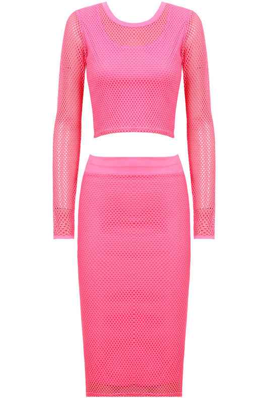 Fuchsia Mesh Detail Celebrity Style Crochet Top &amp; Skirt Set