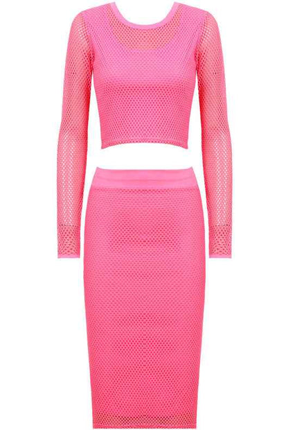 Fuchsia Mesh Detail Celebrity Style Crochet Top &amp; Skirt Set