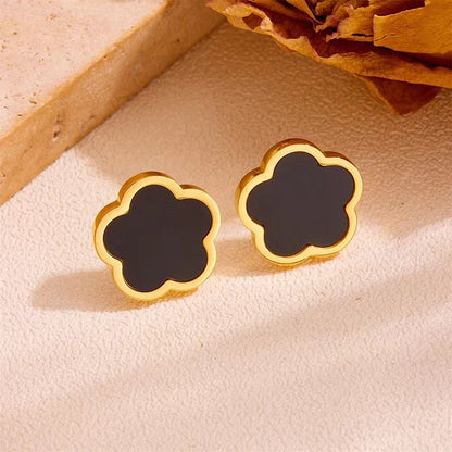 Stainless Steel Parthenocissus Grass Electroplated Shell 18K Gold Plated Simple Style O-Shaped Chain earrings. In black and white.